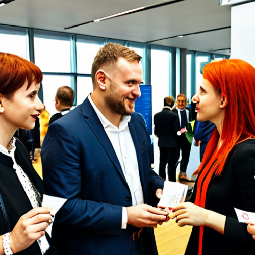 **Image Prompt:** A diverse group of professionals networking at a modern conference in Warsaw. Focus on engaged conversations, exchange of business cards, and a vibrant, collaborative atmosphere. Include elements of Polish culture subtly in the background (e.g., modern art, architecture). --ar 3:2 --v 5 --style expressive